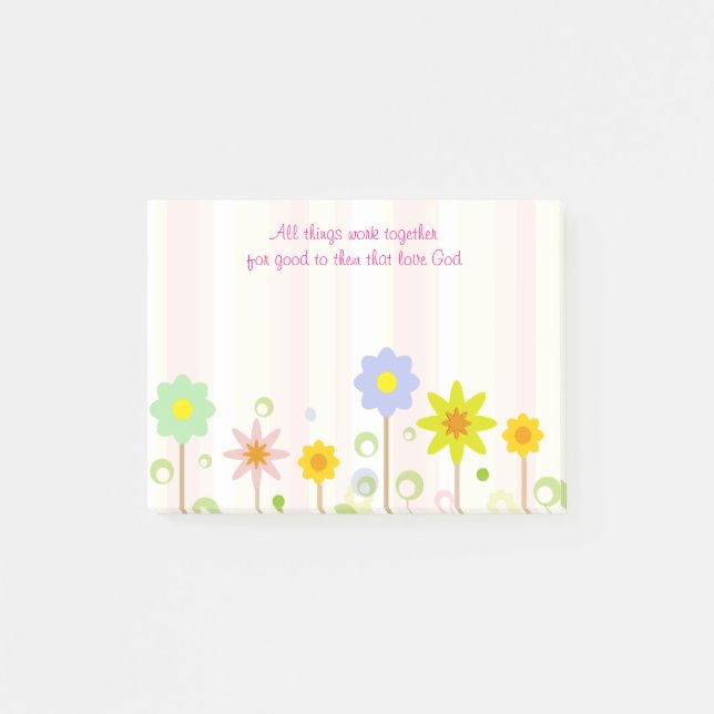 Romans 8:28 Pink Stripe and Flower Christian Quote Post-it Notes (Front)