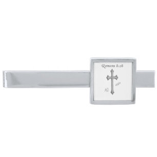 Romans 8:28 silver finish tie bar