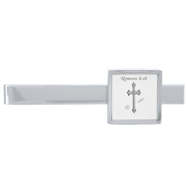 Romans 8:28 silver finish tie bar (Front)