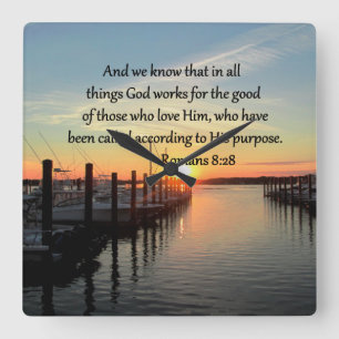 ROMANS 8:28 SUNSET PHOTO DESIGN SQUARE WALL CLOCK