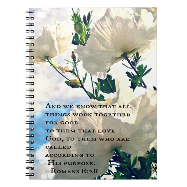 Romans 8:28 White Flower Notebook (Front)