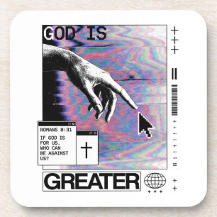 Romans 8:31 Cyberpunk Hand Of God Glitch Art Beverage Coaster
