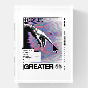 Romans 8:31 Cyberpunk Hand Of God Glitch Art Paperweight