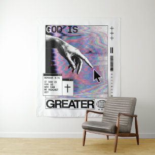 Romans 8:31 Cyberpunk Hand Of God Glitch Art Tapestry