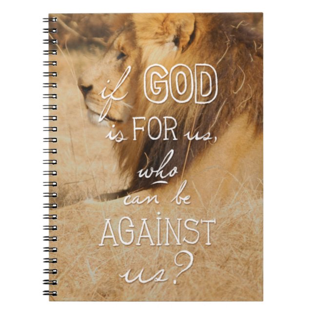 Romans 8:31 orange gold lion Bible quote notebook (Front)