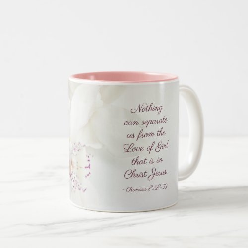 Romans 839 Love of God Bible White Orchids Two_Tone Coffee Mug