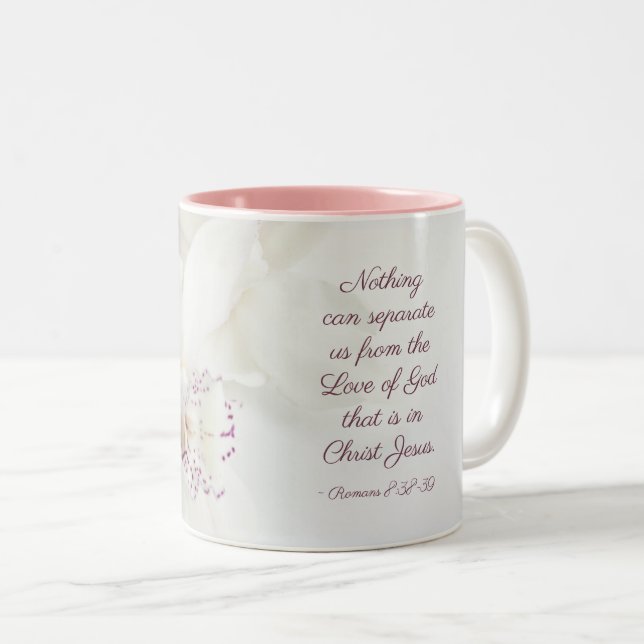 Romans 8:39 Love of God Bible White Orchids Two-Tone Coffee Mug (Front Right)