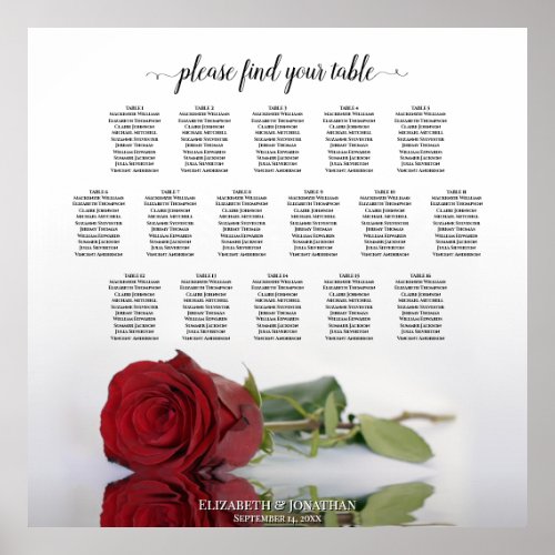 Romantic 16 Table Red Rose Wedding Seating Chart