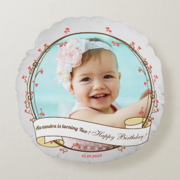 Romantic 2nd Happy Birthday Decorative Photo Frame Round Pillow by Pick_Up_Me at Zazzle