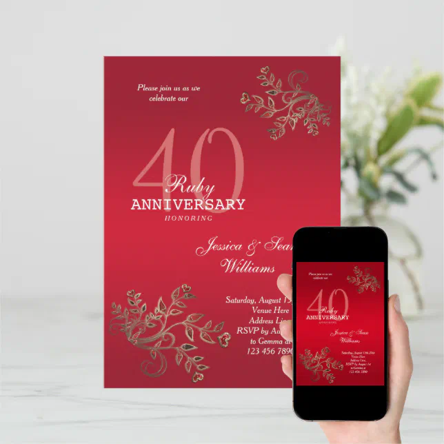 Romantic 40th Ruby Wedding Anniversary Invitation Zazzle 0394