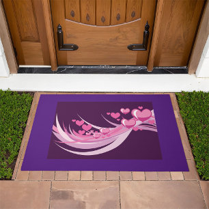 Romantic Abstract Pink Hearts Design On Purple Doormat