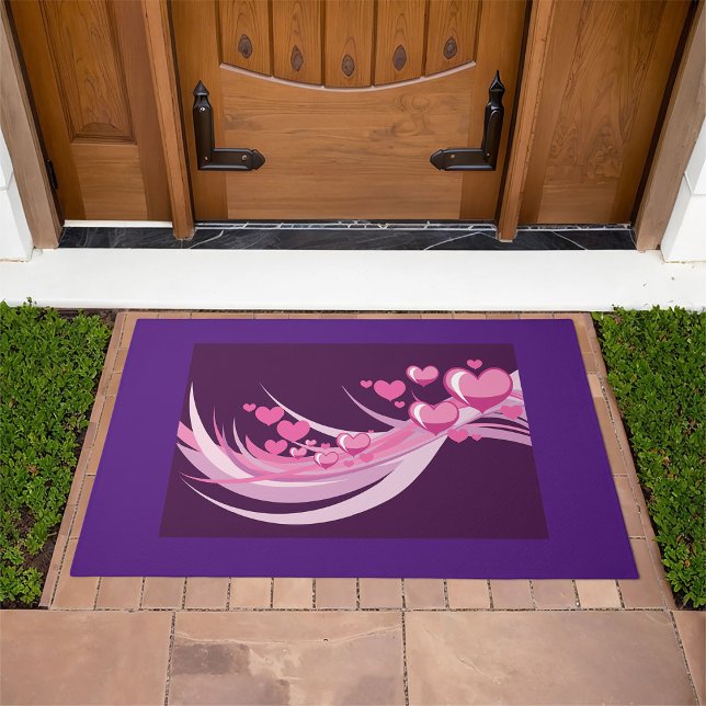 Romantic Abstract Pink Hearts Design On Purple  Doormat (Creator Uploaded)