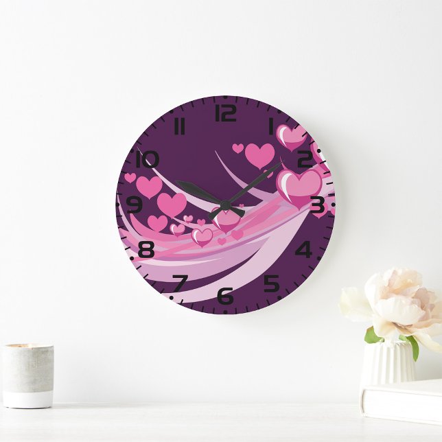 Romantic Abstract Pink Hearts Design On Purple  Large Clock (Creator Uploaded)