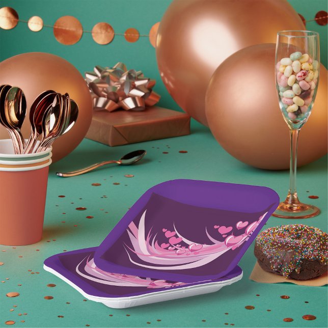 Romantic Abstract Pink Hearts Design On Purple  Paper Plates (Creator Uploaded)