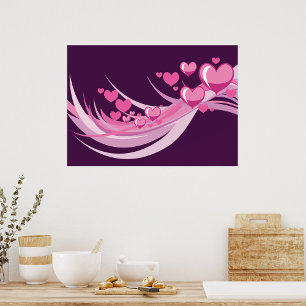 Romantic Abstract Pink Hearts Design On Purple Poster