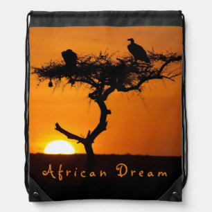 Romantic African Dream sunset photo with text Drawstring Bag
