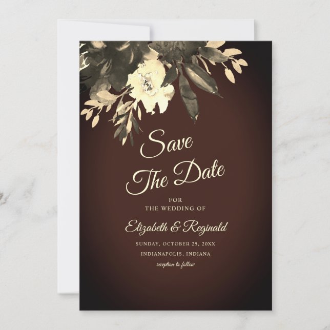 Romantic Aged Brown Fall Floral Save The Date (Front)