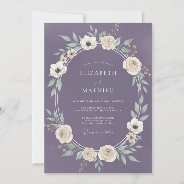 Romantic Amethyst Violet Leafy Wedding Invitation (Front)