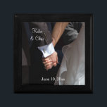 Romantic and Elegant Wedding Couple Holding Hands Jewelry Box<br><div class="desc">A romantic and elegant wedding photograph of a couple holding hands. The image focuses on the couples hands clasped together in love,  while wearing their fancy wedding attire. She in her wedding gown and he in his tux. Personalize with your wedding details for an endearing memento.</div>