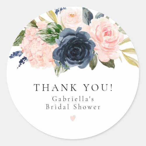 Romantic and Sweet Navy Floral Blush Bridal Shower Classic Round Sticker