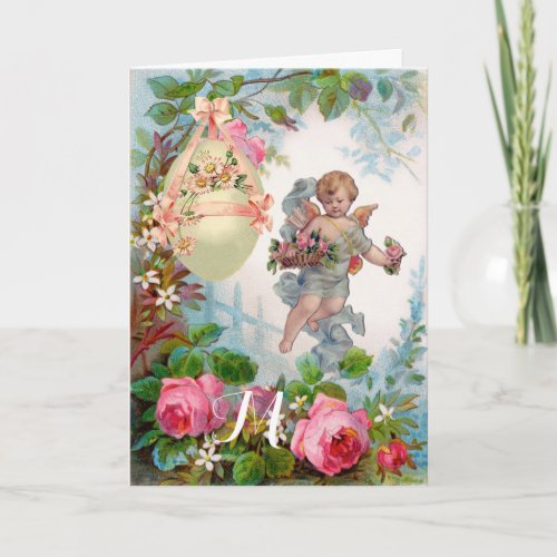ROMANTIC ANGEL GATHERING PINK ROSES AND EASTER EGG HOLIDAY CARD