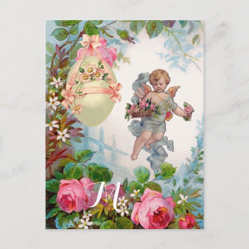 ROMANTIC ANGEL GATHERING PINK ROSES AND EASTER EGG HOLIDAY POSTCARD