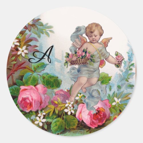 ROMANTIC ANGEL GATHERING PINK ROSES AND FLOWERS CLASSIC ROUND STICKER