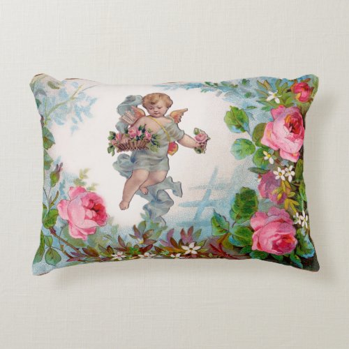 ROMANTIC ANGEL GATHERING PINK ROSES AND FLOWERS DECORATIVE PILLOW