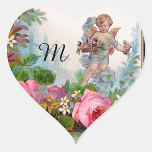 ROMANTIC ANGEL GATHERING PINK ROSES AND FLOWERS HEART STICKER