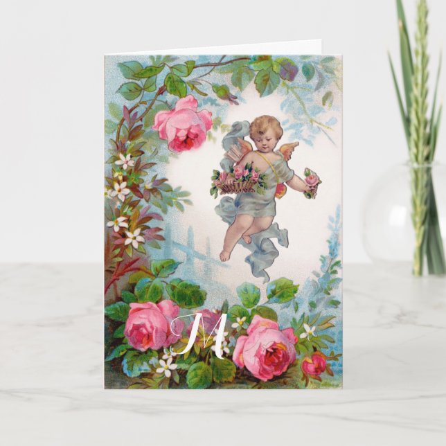 ROMANTIC ANGEL GATHERING PINK ROSES AND FLOWERS HOLIDAY CARD (Front)