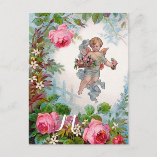 ROMANTIC ANGEL GATHERING PINK ROSES AND FLOWERS POSTCARD