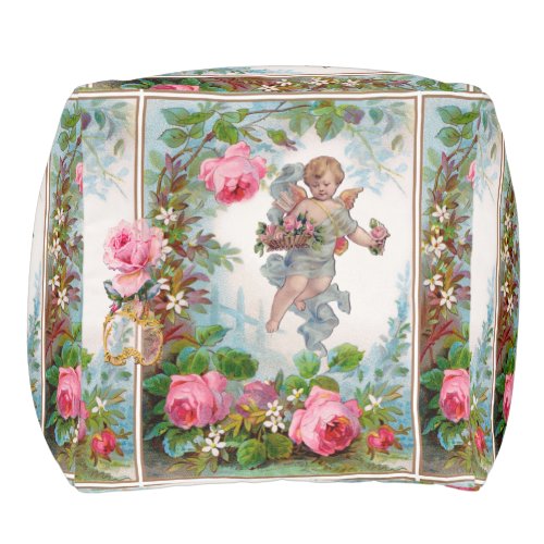 ROMANTIC ANGEL GATHERING PINK ROSES AND FLOWERS POUF