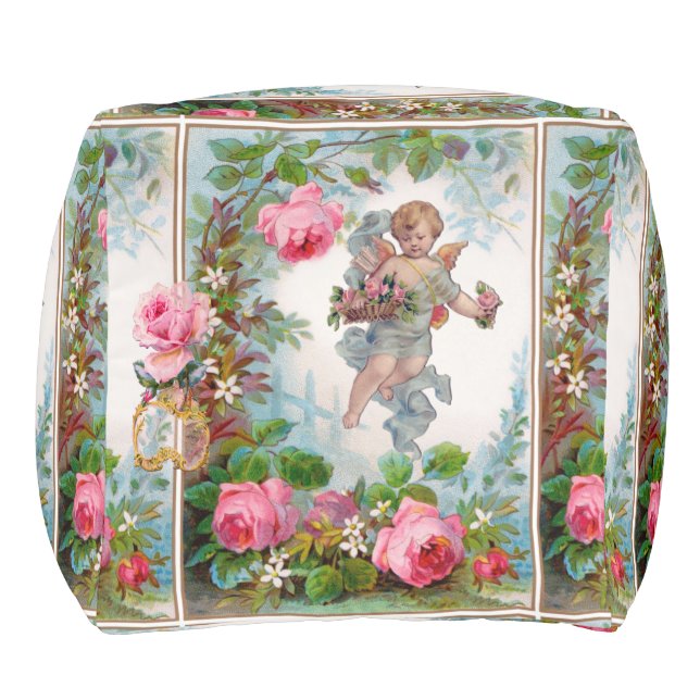 ROMANTIC ANGEL GATHERING PINK ROSES AND FLOWERS POUF (Right)