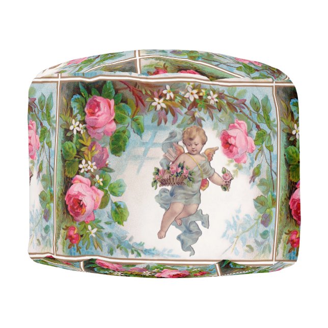ROMANTIC ANGEL GATHERING PINK ROSES AND FLOWERS POUF (Front)