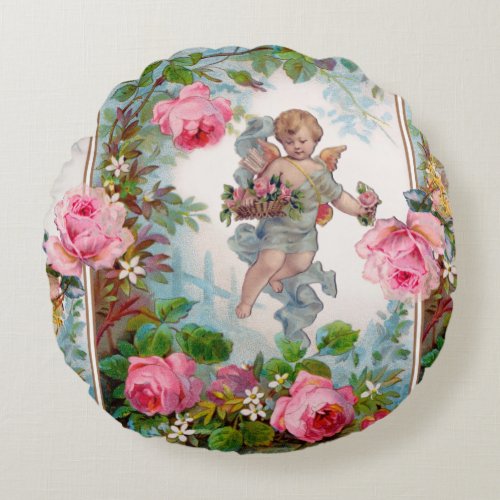 ROMANTIC ANGEL GATHERING PINK ROSES AND FLOWERS ROUND PILLOW