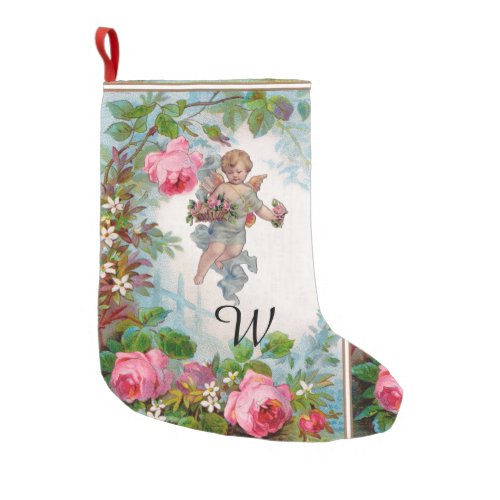 ROMANTIC ANGEL GATHERING PINK ROSES AND FLOWERS SMALL CHRISTMAS STOCKING
