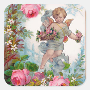 ROMANTIC ANGEL GATHERING PINK ROSES AND FLOWERS SQUARE STICKER
