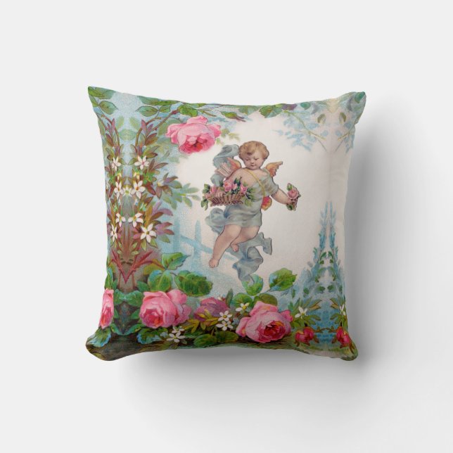 ROMANTIC ANGEL GATHERING PINK ROSES AND FLOWERS TH THROW PILLOW (Front)