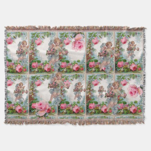 ROMANTIC ANGEL GATHERING PINK ROSES AND FLOWERS THROW BLANKET