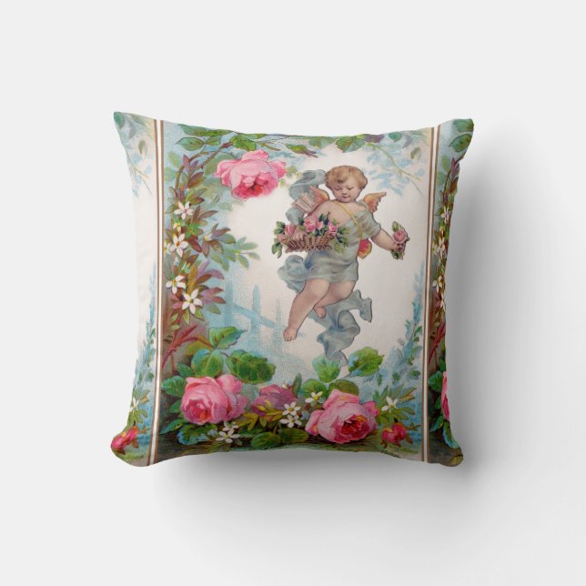 ROMANTIC ANGEL GATHERING PINK ROSES AND FLOWERS THROW PILLOW (Front)
