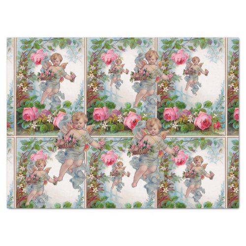 ROMANTIC ANGEL GATHERING PINK ROSES AND FLOWERS TISSUE PAPER