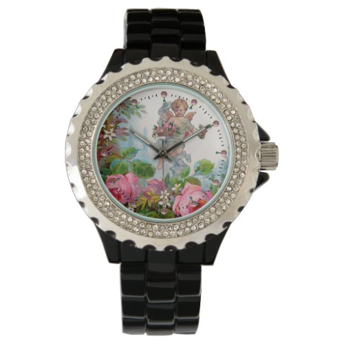 ROMANTIC ANGEL GATHERING PINK ROSES AND FLOWERS WATCH