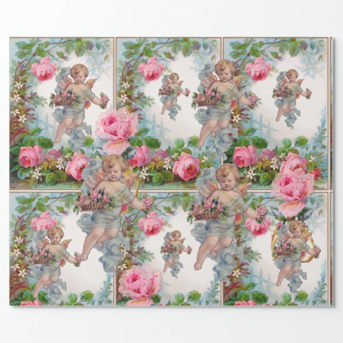 ROMANTIC ANGEL GATHERING PINK ROSES AND FLOWERS WRAPPING PAPER