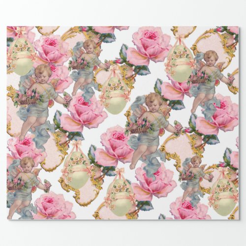 ROMANTIC ANGEL GATHERING PINK ROSESEASTER EGGS WRAPPING PAPER