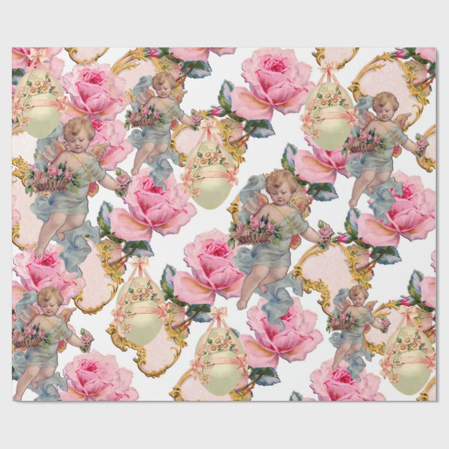 ROMANTIC ANGEL GATHERING PINK ROSES,EASTER EGGS WRAPPING PAPER (Flat)