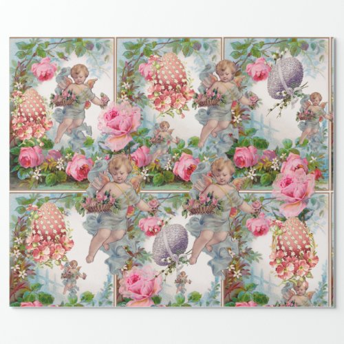 ROMANTIC ANGEL GATHERING PINK ROSESEASTER EGGS WRAPPING PAPER