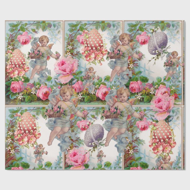 ROMANTIC ANGEL GATHERING PINK ROSES,EASTER EGGS WRAPPING PAPER (Flat)