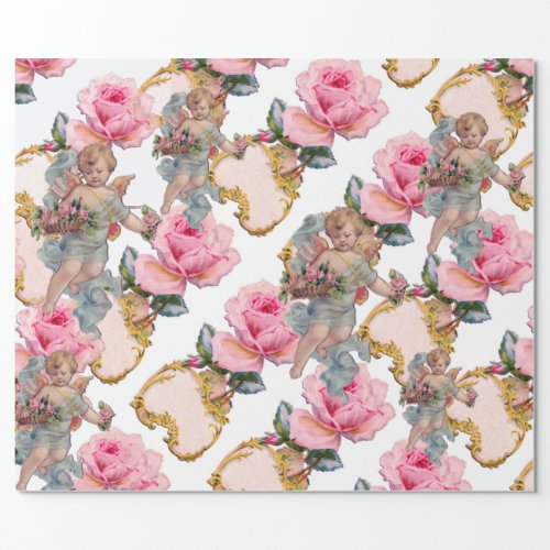 ROMANTIC ANGEL GATHERING PINK ROSES WRAPPING PAPER