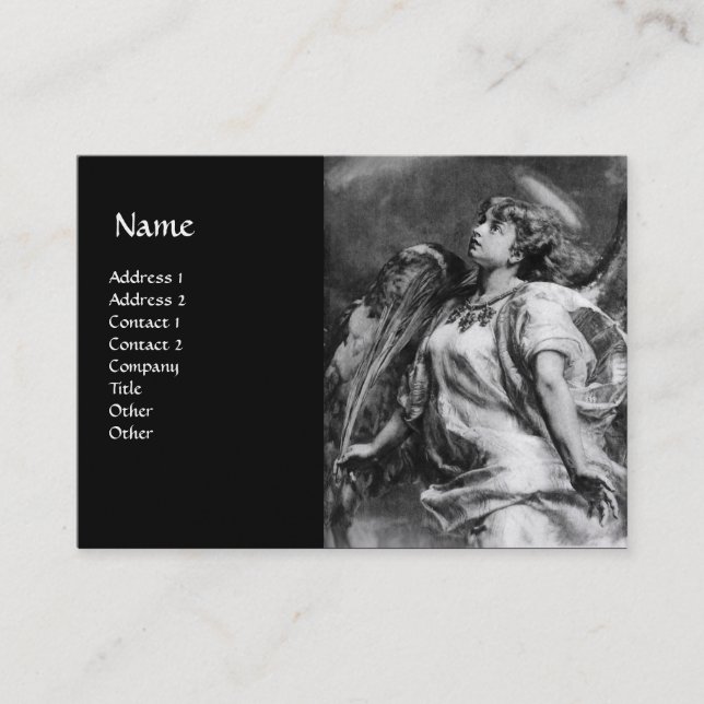 ROMANTIC ANGEL WITH FEATHER IN BLACK WHITE Pearl Business Card (Front)