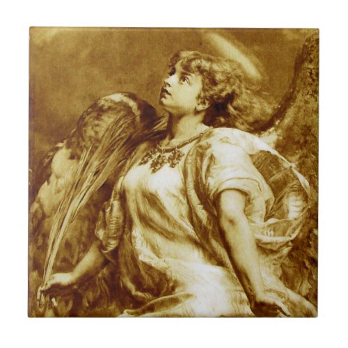 ROMANTIC ANGEL WITH FEATHER IN BROWN SEPIAWHITE CERAMIC TILE